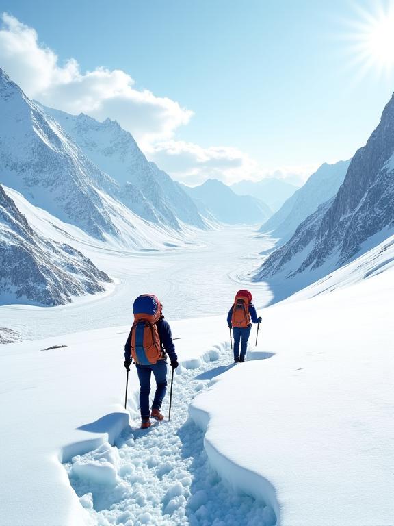 Zwei Wanderer mit Rucksäcken auf einem Alpengletscher, umgeben von schneebedeckten Bergen