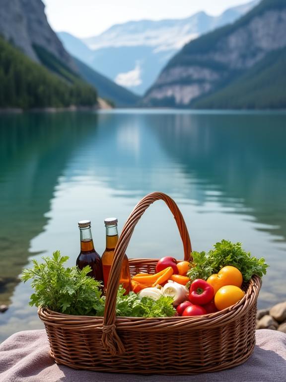 Ein offener Picknickkorb mit frischen Speisen und Getränken am Ufer eines malerischen Bergsees
