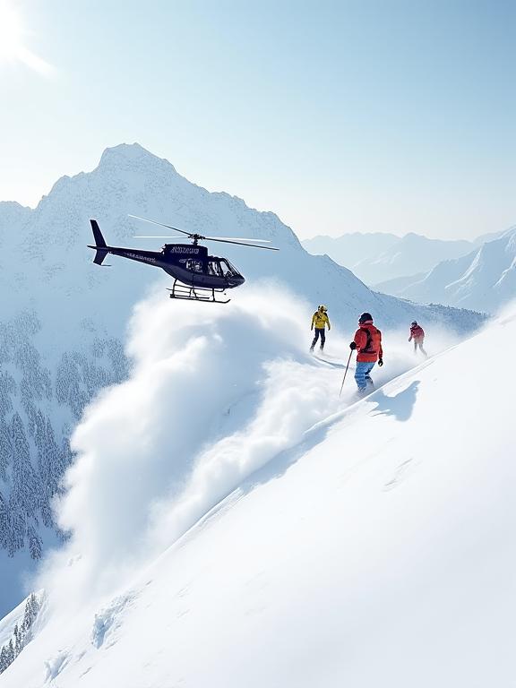 Ein Helikopter landet auf einem schneebedeckten Berggipfel mit Skifahrern im Tiefschnee