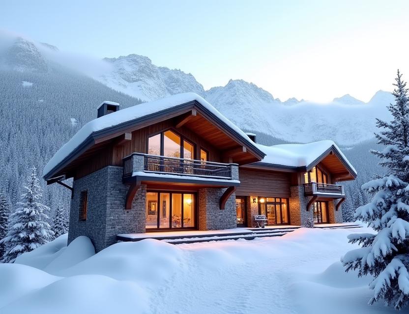 Ein luxuriöses Alpenchalet im Winter mit Schnee und Bergen im Hintergrund
