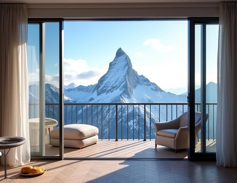 Balkon einer luxuriösen Suite mit atemberaubendem Blick auf das Matterhorn