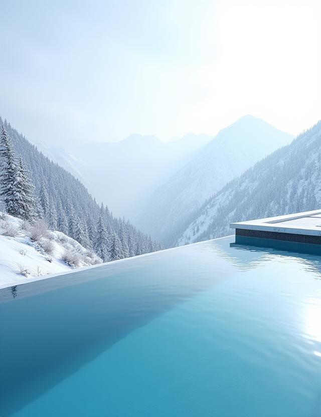 Ein Infinity-Pool in den Bergen mit Blick auf eine schneebedeckte Landschaft